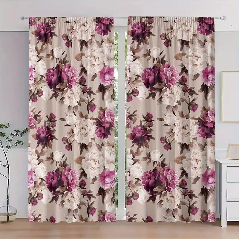 2pcs Elegant Peony Floral Pattern Curtains, Designed for Light Blocking, Premium Material, Suitable for Living Room, Bedroom, Da