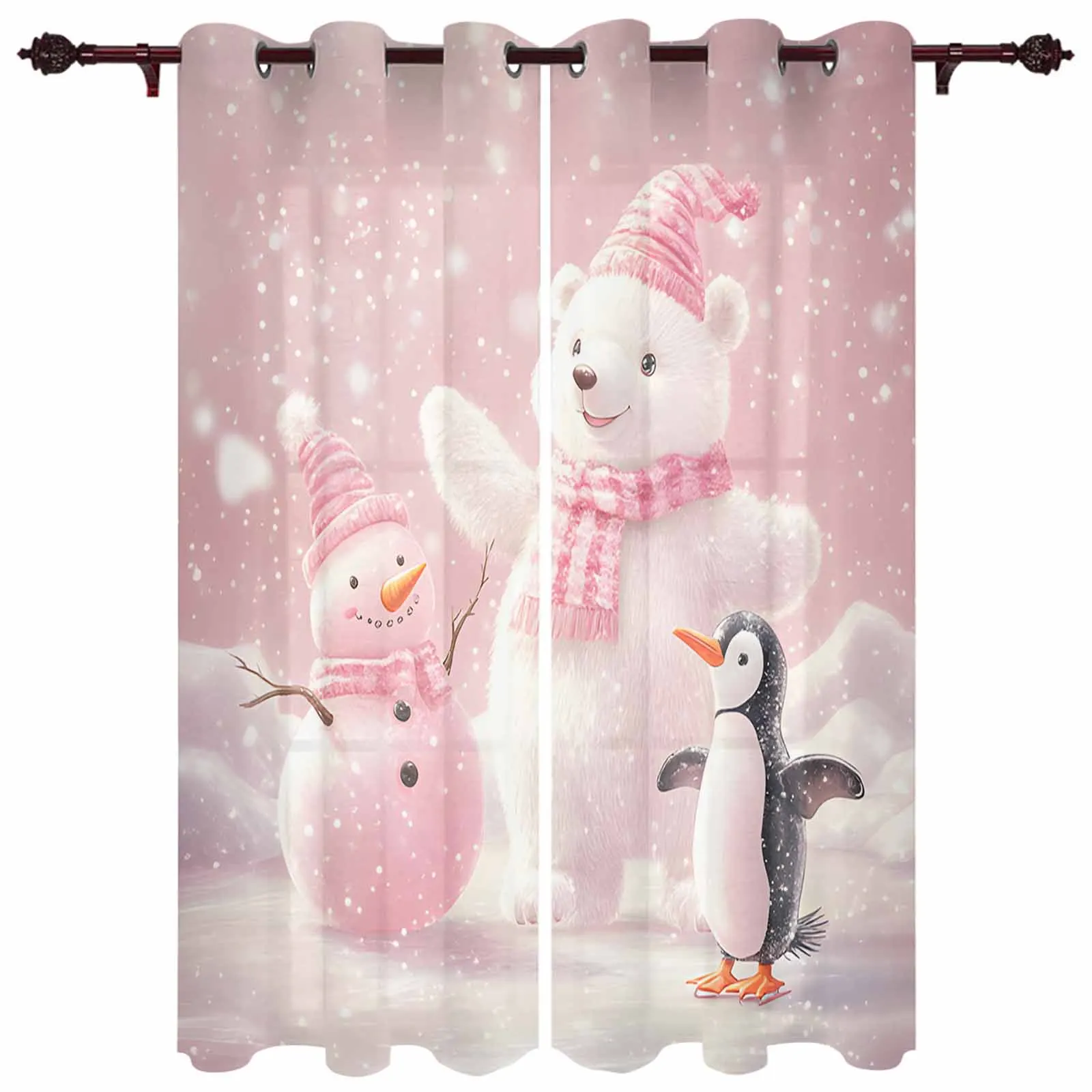 Christmas Pink White Bear Penguin Tulle Curtains For Living Room Bedroom Modern Kitchen Sheer Curtains