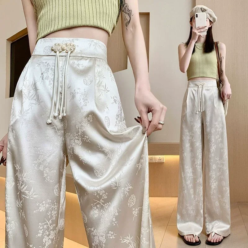 

Summer Wide Leg Pants Women Bottoms Casual Ladies Trousers Loose High Waist Pants Woman Fashion Satin Jacquard Chinese Clothing