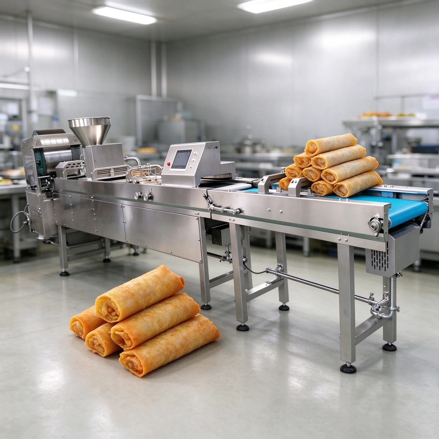 Automatic Spring Roll Making Machine Production Line Large Capacity  High Efficiency Flour Dusting  Custom