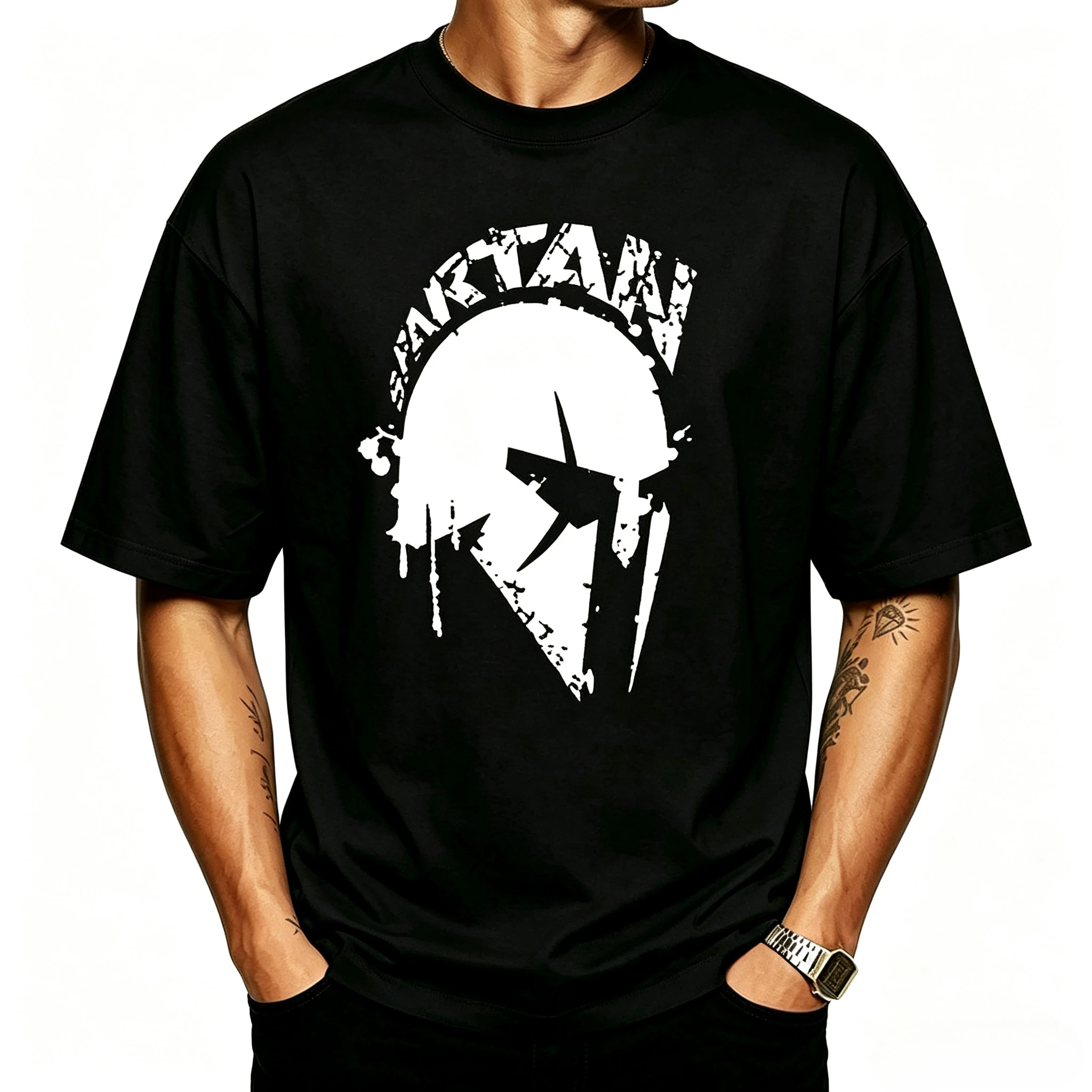 Male Casual Crew Neck Tee, Modal Lightweight Material, Vintage Spartan Helmet Splatter Art Print Loose Short Sleeve Men T‑Shirt