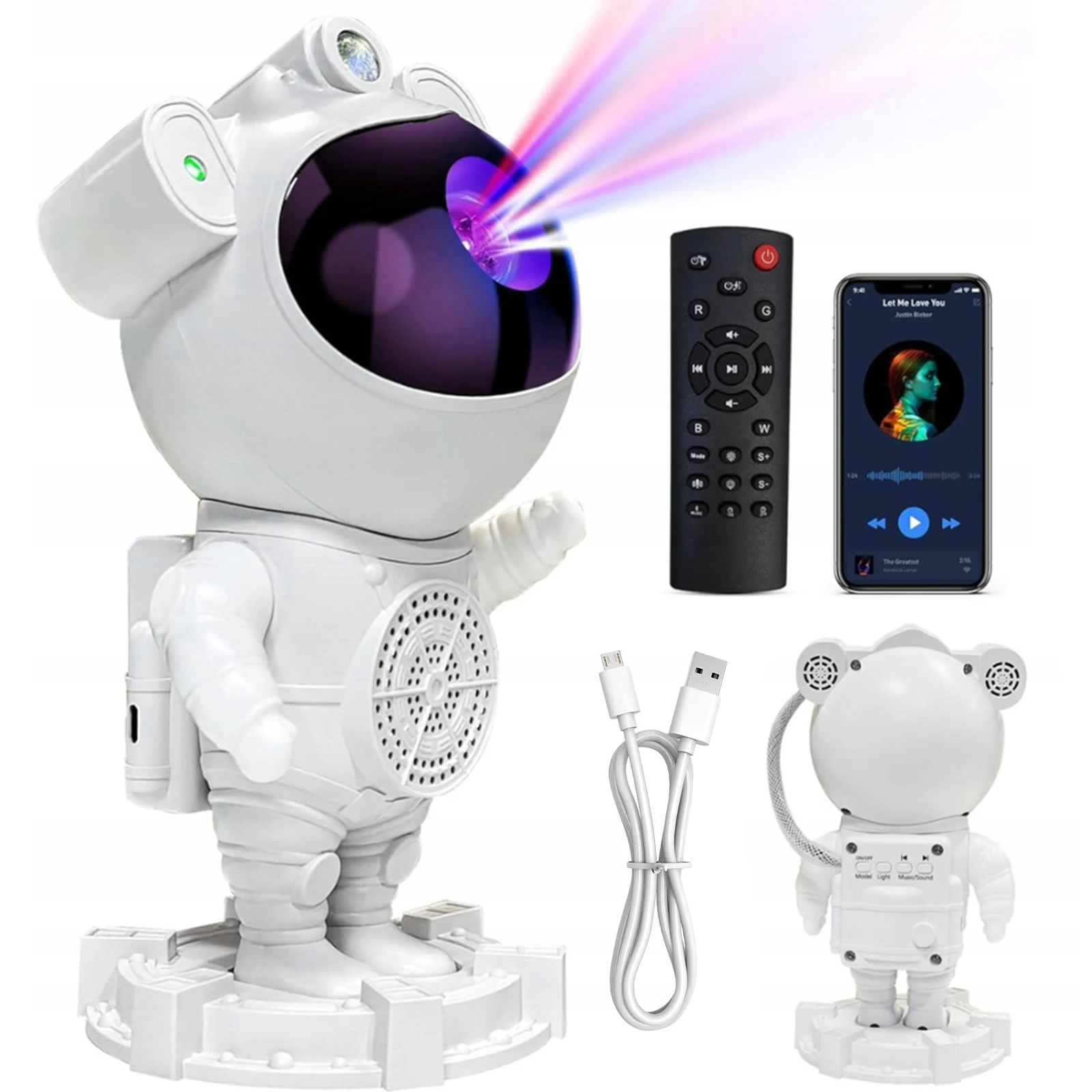 Luminária Projetor Astronauta Galáxia LED com Bluetooth, Despertador e Controle Remoto para Quarto Infantil