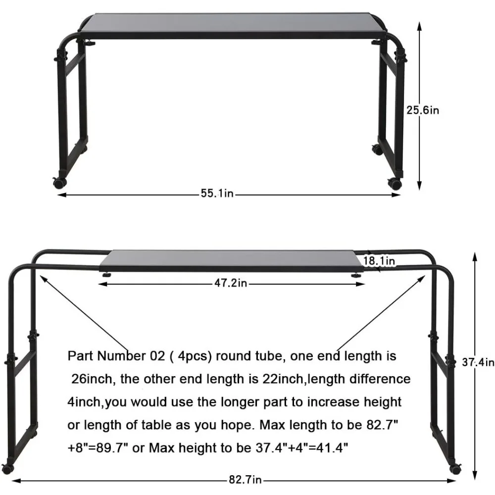 طاولة فوق السرير قابلة للتعديل مع عجلات - مكتب متنقل لأسرة الملكة/الملك، واستخدام الكمبيوتر المحمول والكتابة