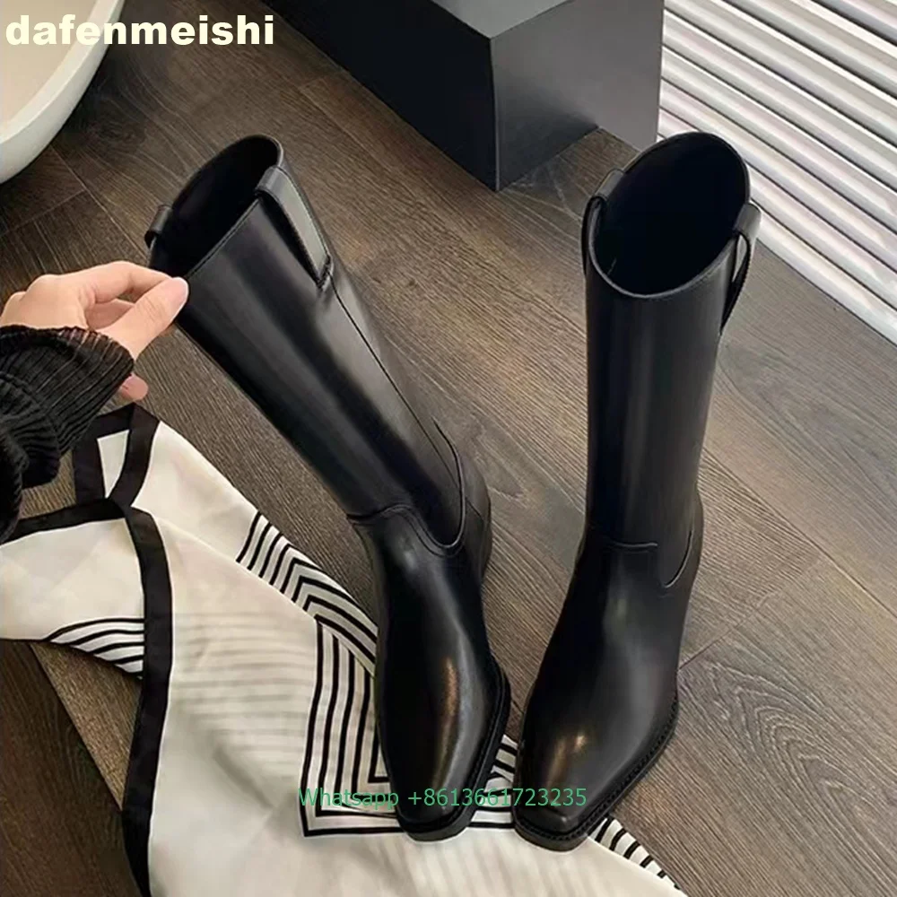 2024 Herbst Winter neue quadratische Zehen dicke Ferse dicke untere Mitte der Wade Stiefel kniehohe lange Stiefel Frauen schwarz Slip on Ritter Stiefel