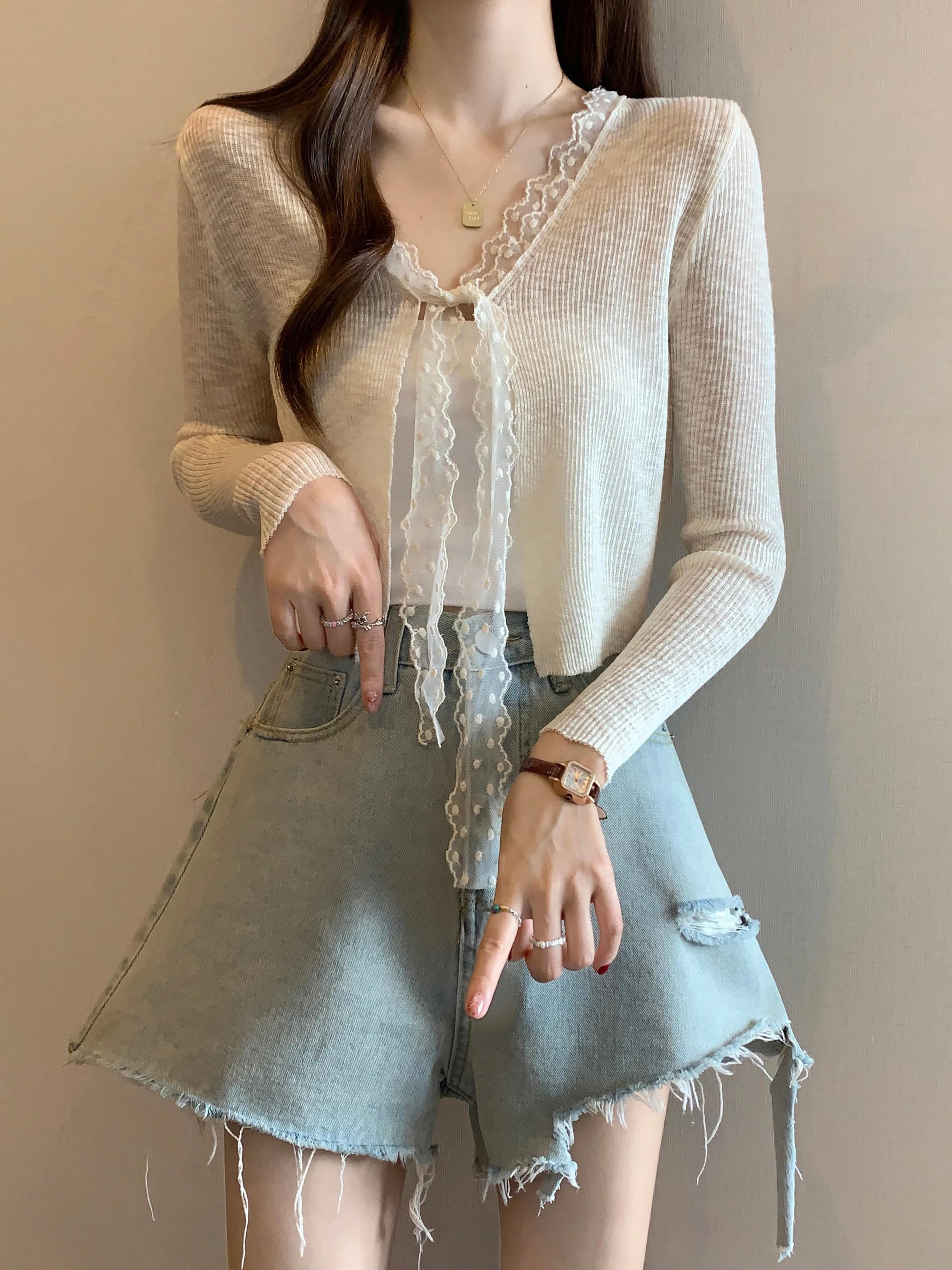 

Lace Trim Thin Knitted Open Cardigan Women's Spring Summer New Style plus Size MM Strap Dress Outer Sun Protection Top