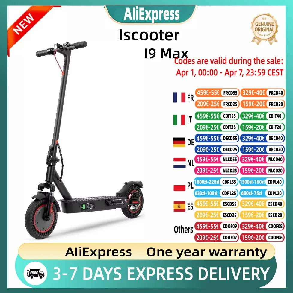 ISCOOTER I9 Max Scooter électrique 500W moteur 36V10AH batterie tout-terrain scooter électrique 10 pouces trajet urbain Scooter électrique