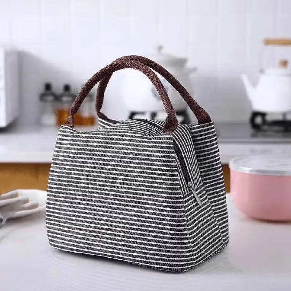 Reusable Puppy Embroidery Thermal Lunch Bag Striped Insulated Tote Bag Portable Handheld Food Container Bag Travel