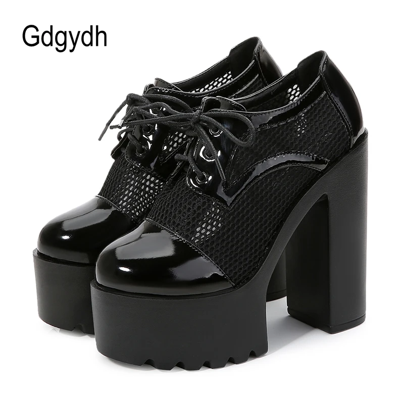 Gdgydh Spring Summer High Heeled Platform Pumps Air Mesh Breathable Ladies Party Shoes Lace Up Closed Toe Black White