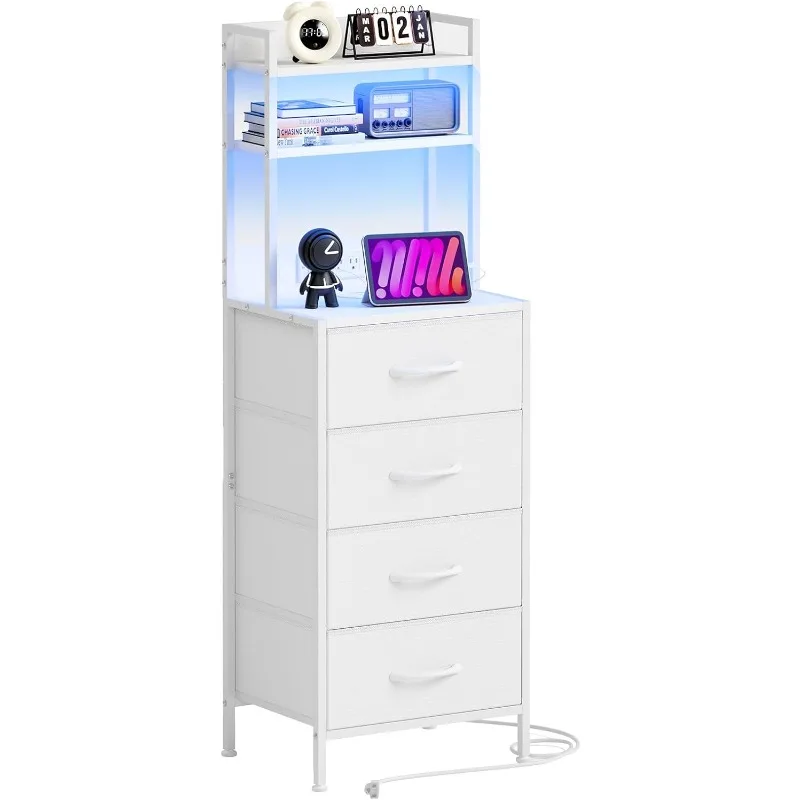 

47 Inch Tall Nightstand with Charging Station, Led Night Stand with Socket, 4 PU Finished Fabric Storage Drawers, White