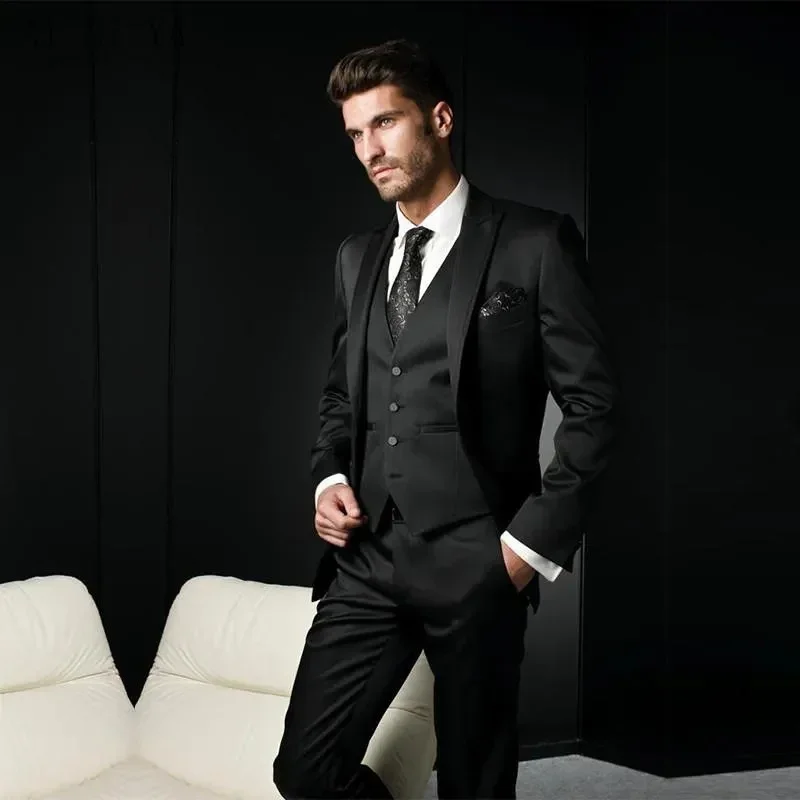 Bespoke Black Men's Suits Elegant Wedding Costume Homme Single Breasted Peak Lapel Regular Length 3 Piece Jacket Pants Vest Sets