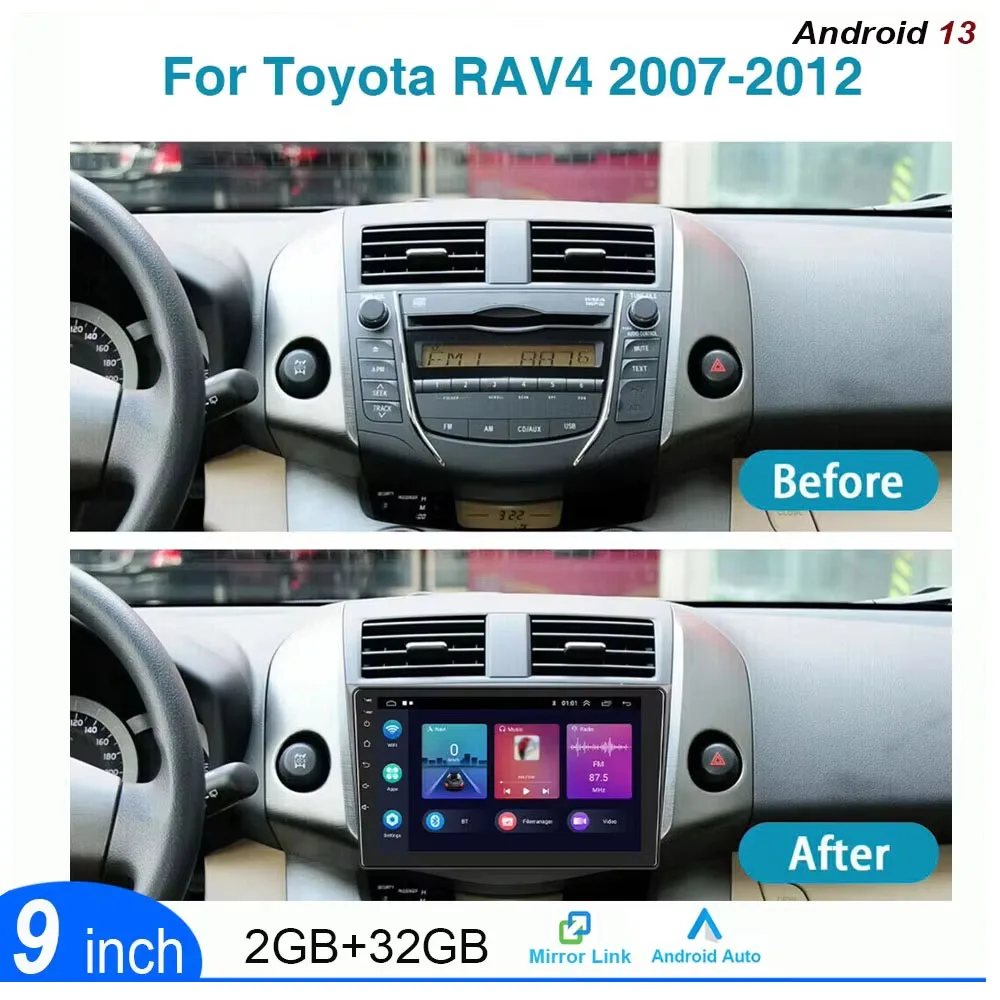 9in أندرويد 13 2 + 32G سيارة لتحديد المواقع والملاحة مشغل وسائط متعددة راديو رئيس وحدة ل RAV4 2007 2008 2009 2010 2011 2012 تسجيل الشريط