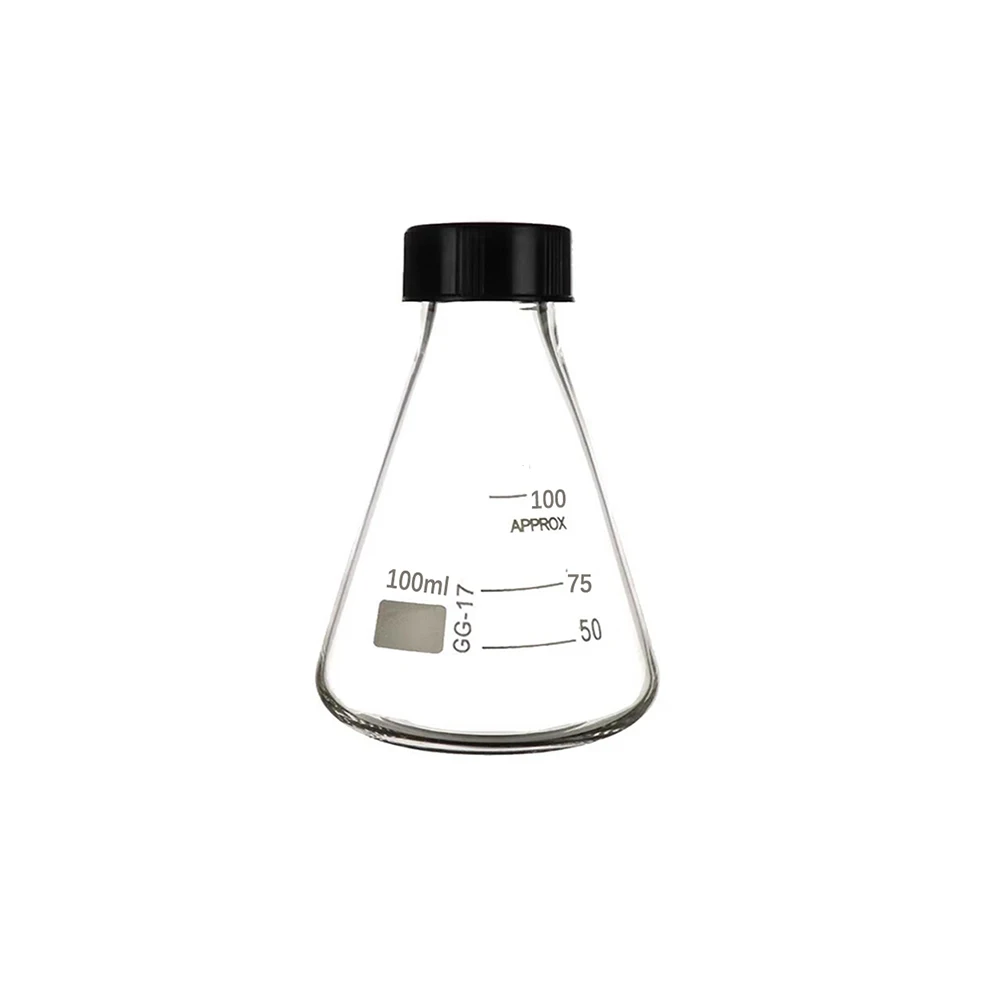 50-250ml Borosilicate Glass Erlenmeyer Flask with Black Screw Cap, Lab Conical Triangle Flask for Chemistry Experiment