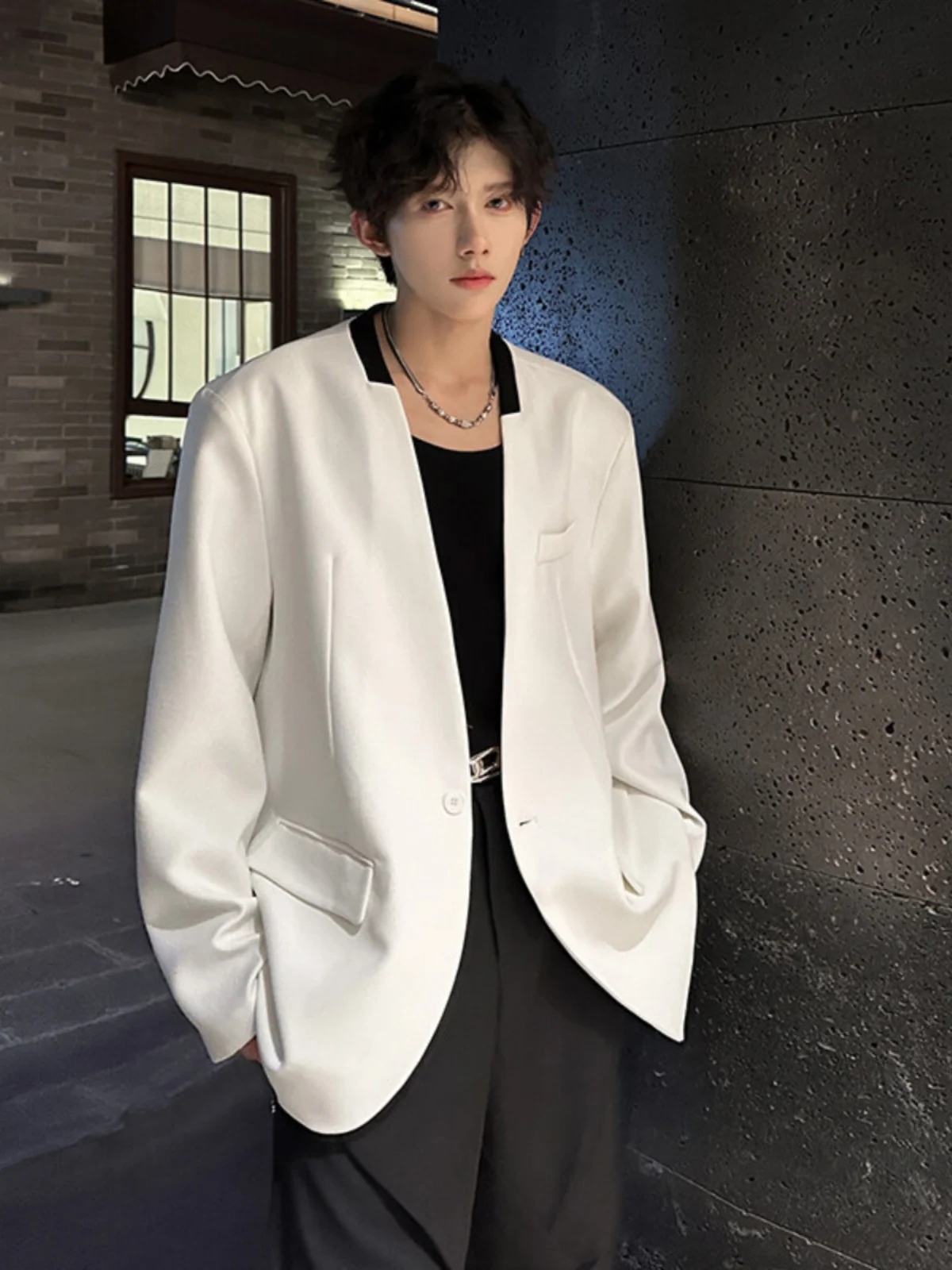 

Cleanfit White oulder Padded No Collar Suit Jaet Men's Model Casual Briti Preppy High-End Feelings Leisure Western Wear