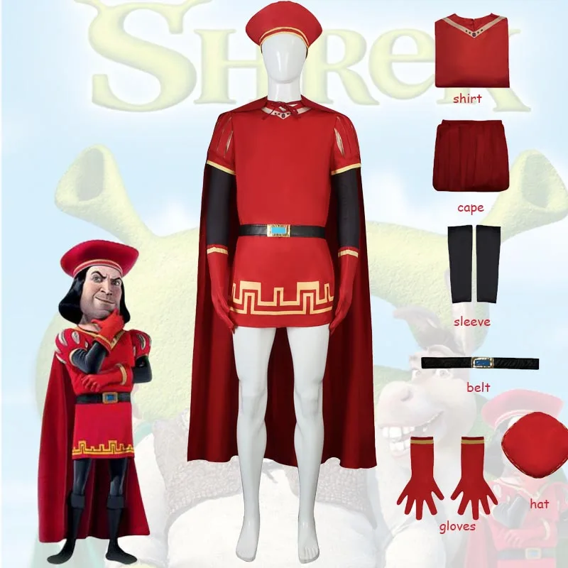 Anime Shrek Lord Farquaad Cosplay Kostium Czerwony Uniform Płaszcz Kapelusz Garnitury Dzieci Dorośli Mężczyźni Halloween Karnawał Impreza Odgrywanie