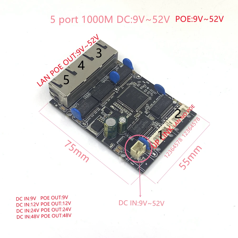 3 poe switch 10/100/1000M 5 port gigabit Ethernet switch integrated module DC12V18V24V36V48V poe 12V24V36V48V  5 port 1000M poe