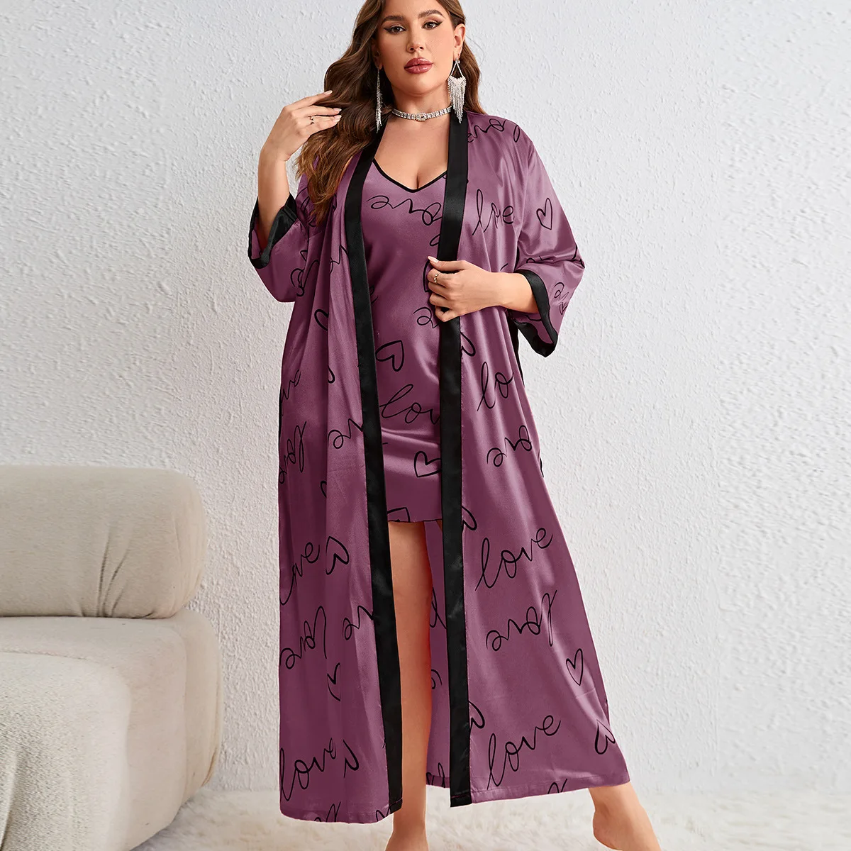 Big Size 3Xl 4Xl 5Xl Robe Set Women\'s Nightwear Sexy Print Love Nightgown Loose Spaghetti Strap Lingerie Femme Ropa De Mujer