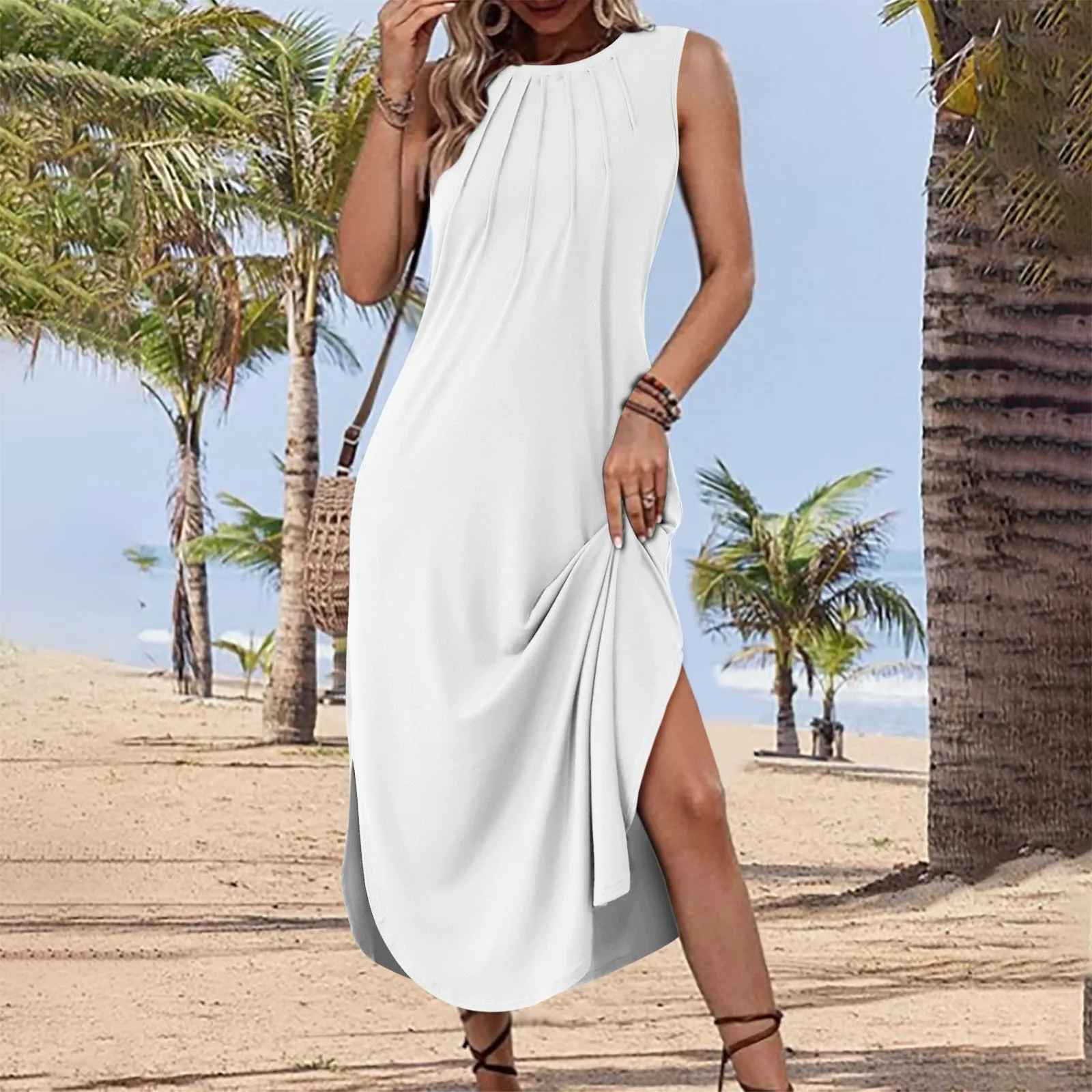 

Summer Dresses Women Basic Solid Color Crew Neck Spaghetti Strap Beach Sundress Female Flowy Loose Fit Casual White Dress