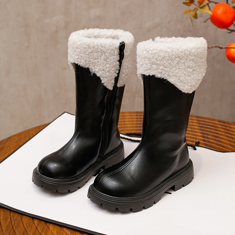 Girls Faux‑Suede Tall Winter Boots 2026 Foldable Sherpa Cuff Plush‑Lined Inner Zipper Thick Lug Sole Snow Boots