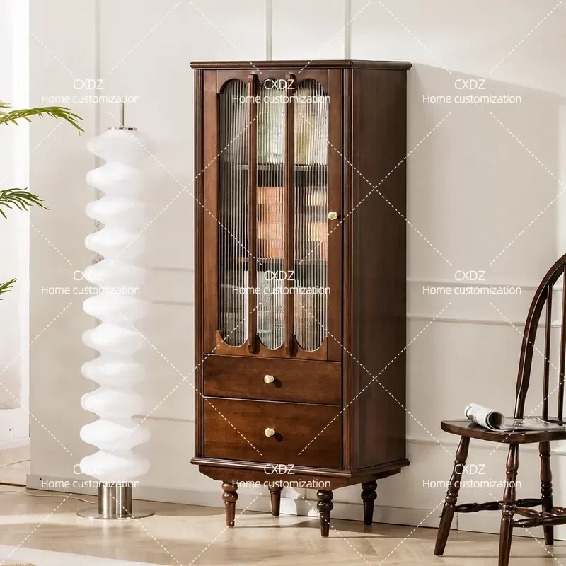 American Style Solid Wood Wine Cabinet Display Shelf Glass Door Living Room Home Decorative Storage Locker Wall Mounted