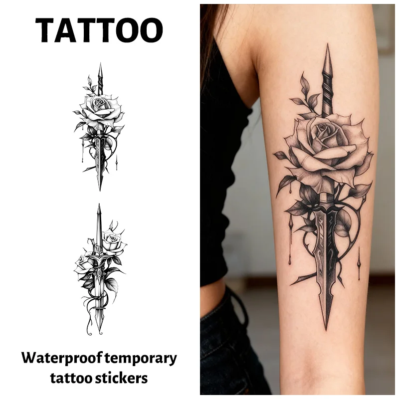 Pegatina de tatuaje temporal con diseño de rosa gótica y daga, duradera e impermeable, tatuajes falsos realistas para hombre o mujer, para brazo o pierna