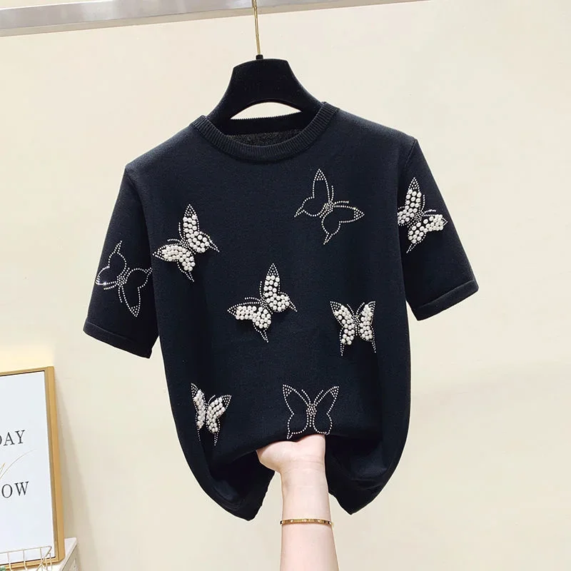 Neue Sommer Schmetterling Nagel Perle Kurzarm Stricken Pullover Koreanische Mode Dünne Beiläufige Jumper Frauen Knitwear2024