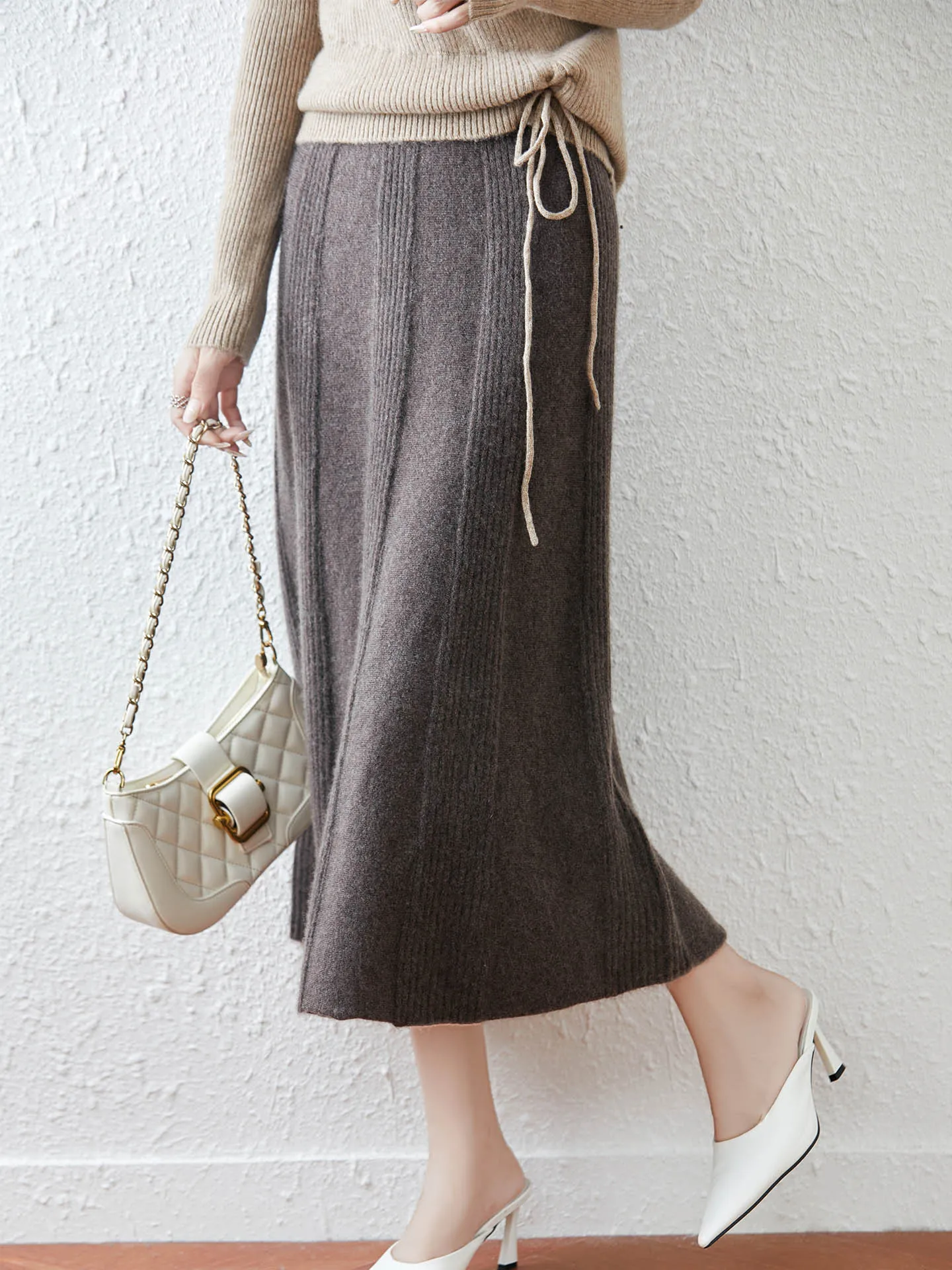 

Merino 100% Wool Striped Texture A-line Skirt Autumn Winter Soft Casual Cashmere Knitted Half Skirt