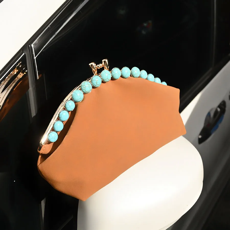 Vintage Brown Toned Mouth Gold Opening Small Women's Bag Turquoise Beads Ethnic Hand-held Crossbody Bag Chain Dinner Bag