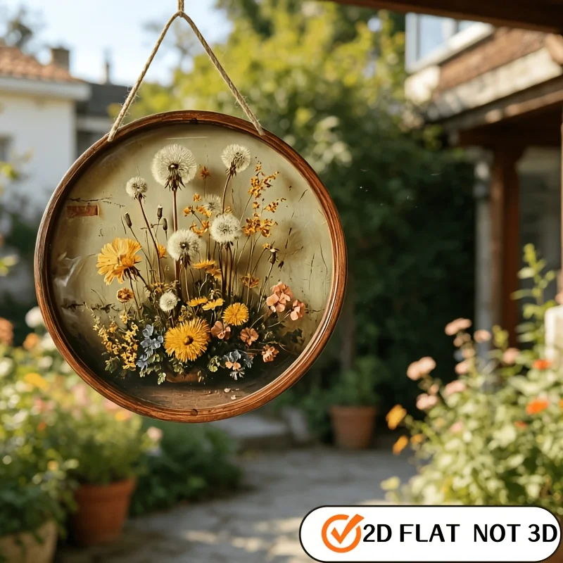 2D Plane - Circular Wooden Canister Sign with Vintage Dandelion Design, Easy to Hang, Perfect for Decorating Living Rooms, Studi