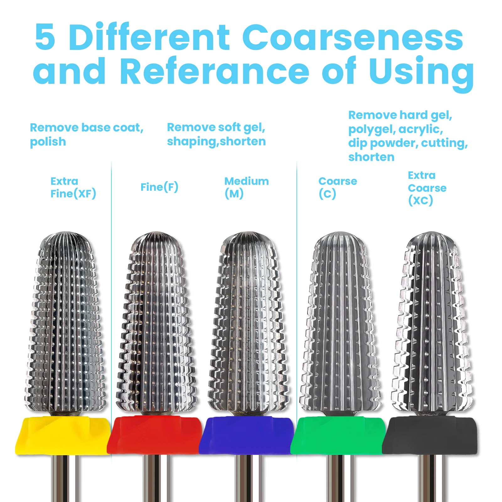 MagiBling 카바이드 5 in 1 스트레이트 컷 네일 드릴 비트 큐티클 하드 소프트 젤 제거용 양방향 회전 전문 비트 3/32"