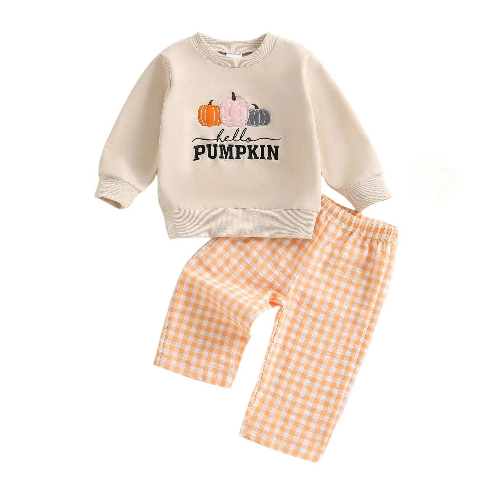 

Осенний наряд для маленьких мальчиков: толстовка с длинными рукавами и вышивкой тыквы и эластичные клетчатые штаны, одежда из двух предметов