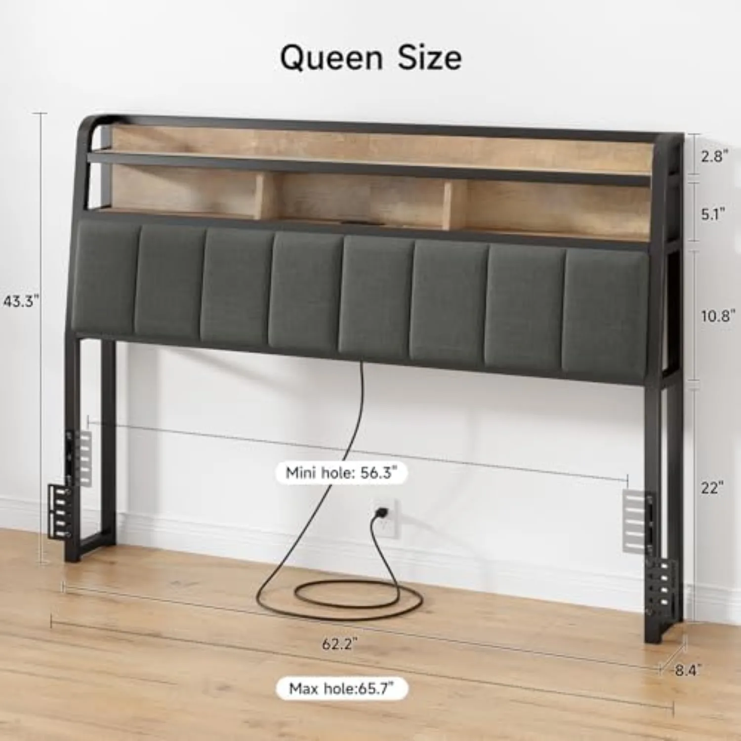Ergonomic Headboard for Queen Size Bed with 2-Tier Storage, Upholstered Headboard with Outlets, USB Ports, LED Light