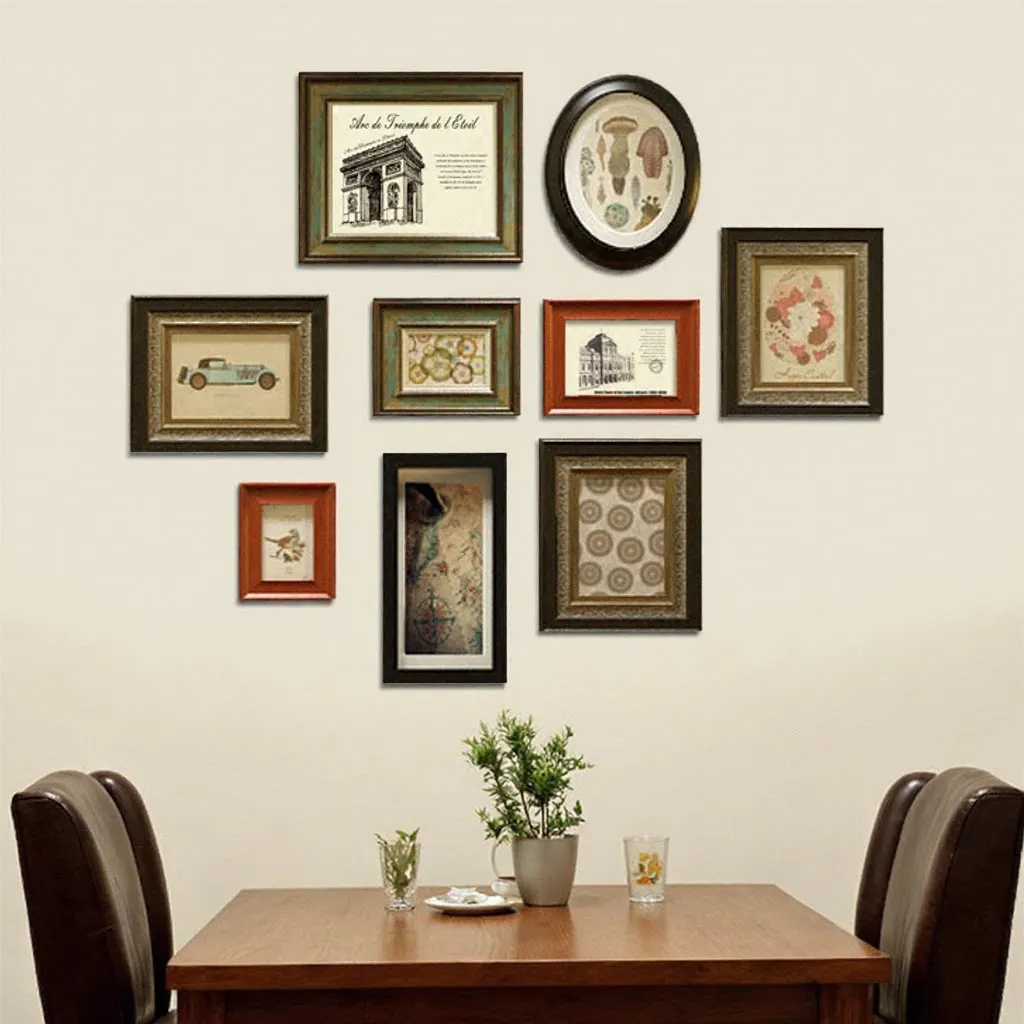 Solid Wood Combination Picture Photo Wall, American-Style Living Room Vintage Background Wall, European-Style Picture Frame Wall, Dining Room Wall Decoration Painting for Displaying Photos