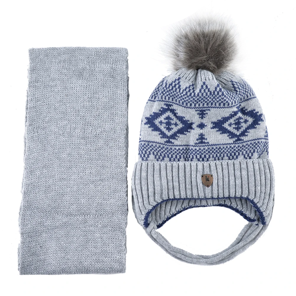 Winter Boys' Knitted Argyle Earflap Hat & Scarf Set Kids Thick Warm Beanie With Faux Fur Pompom Children Fashion Bonnet Outdoor