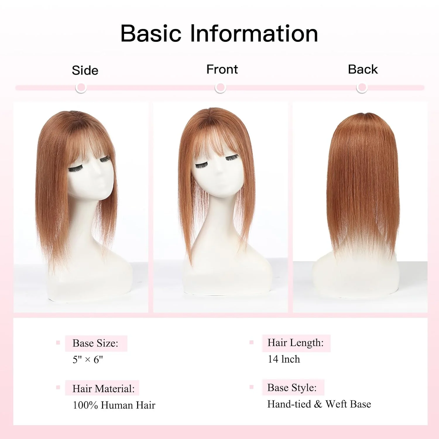 Ginger Orange Human Hair Toppers for Women 5x6inch Upgrade Swiss Lace Base with 3 Clips 14inch Real Hair Toppers for Hair Loss