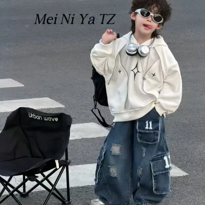 2026 Children's Sweater Casual Suit Spring and Autumn New Splicing Hooded Sweater Blue Ripped Jeans Suit