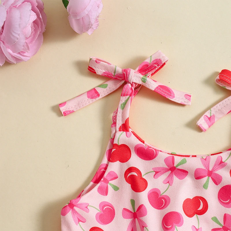 Baby Girl Romper Summer Clothes Cherry Strawberry Floral Print Sleeveless  with Headband Newborn Outfits