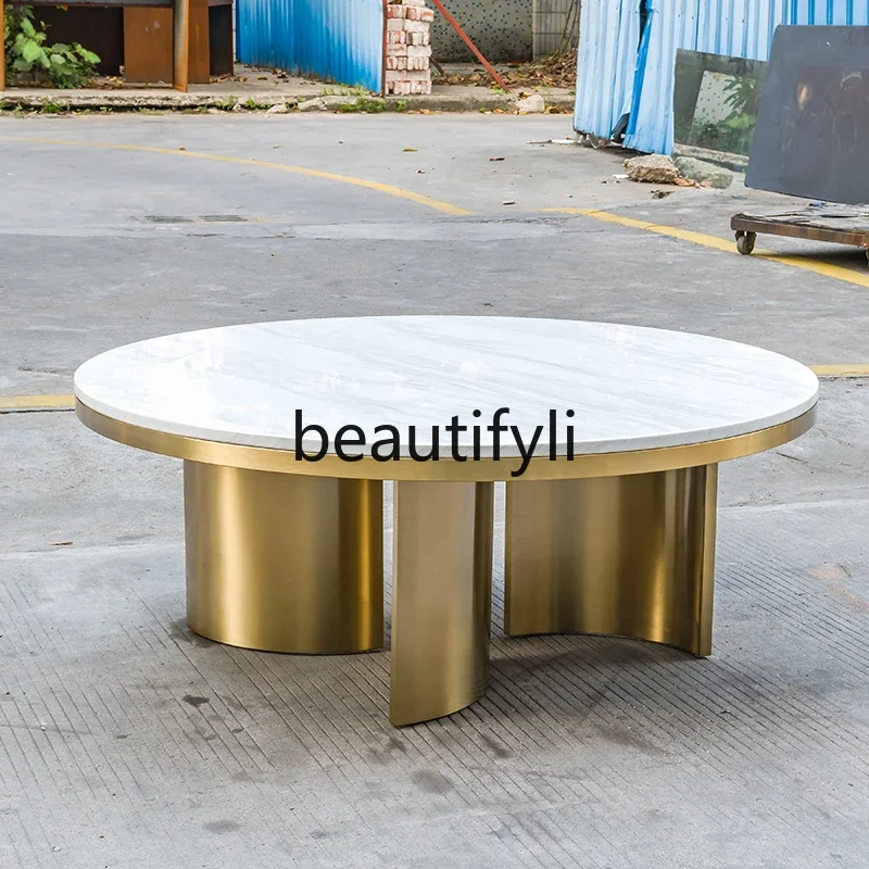 Light luxury stainless steel brushed gold round table marble model room custom personalized coffee table