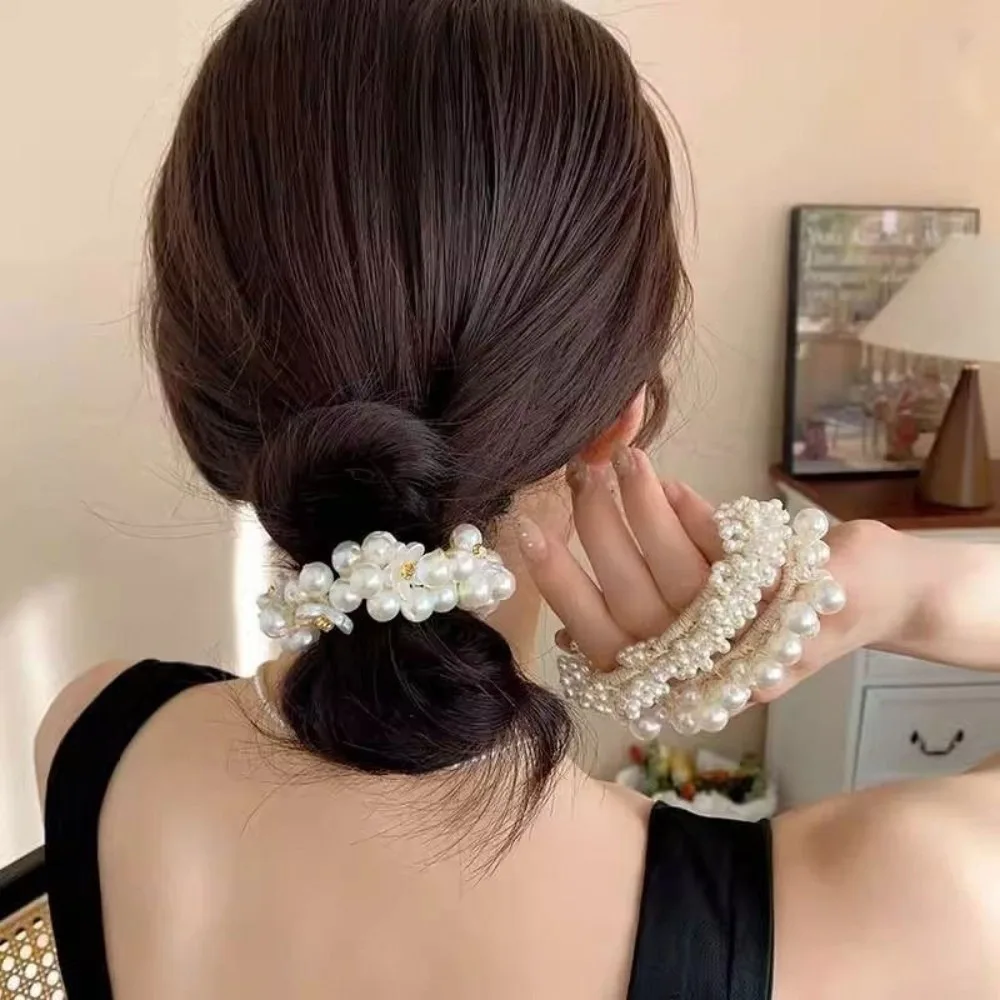 Wearable Sweet Faux Pearl Hair Ties Hand-Woven 2 in 1 Hair Accessories Elegant Bracelet Ponytail Holders Women