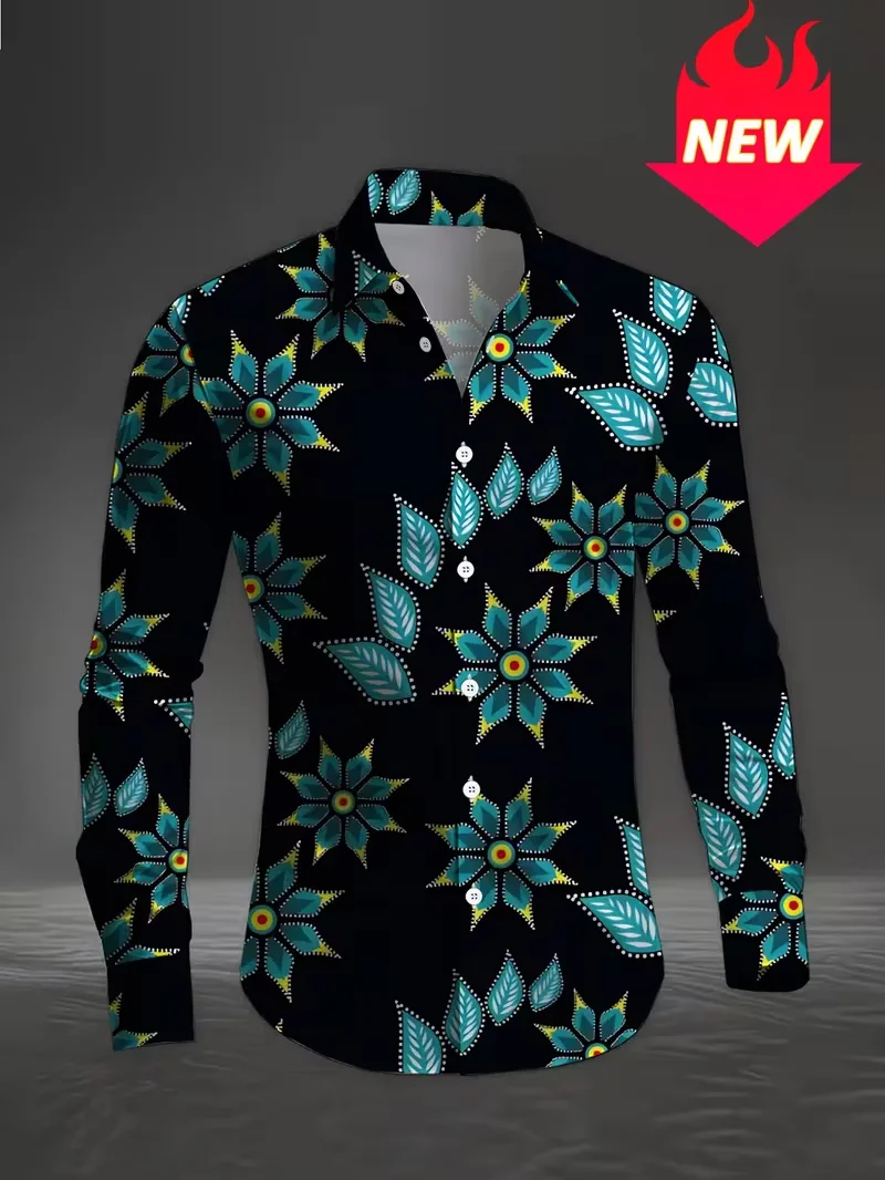 

Новая модная мужская рубашка с длинными рукавами, повседневная рубашка с длинными рукавами и цветочным принтом в стиле ретро, мужская рубашка с пуговицами и лацканами