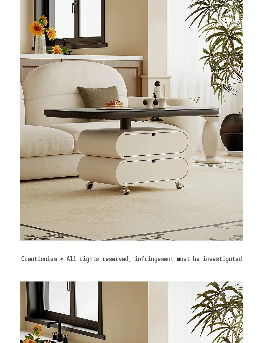 French Retro New Mobile Black Stone Plate Coffee Table Dining Table Two-in-One Storage Adjustable