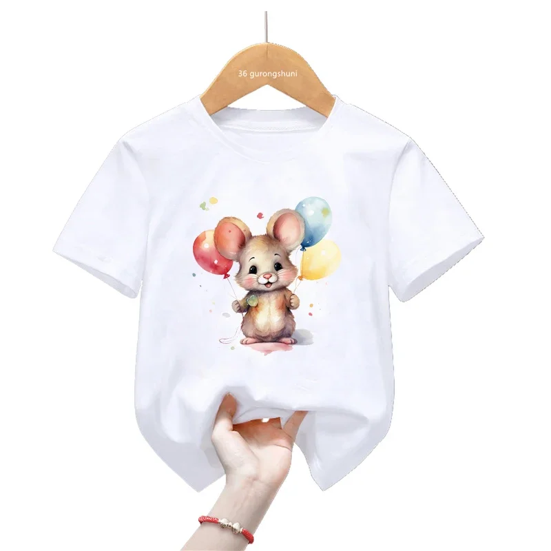 Funny Mouse Love Balloons Print T Shirt Girls/Boys Funny Kids Clothes Tshirt Harajuku Shirt Summer Tops Tee Shirt