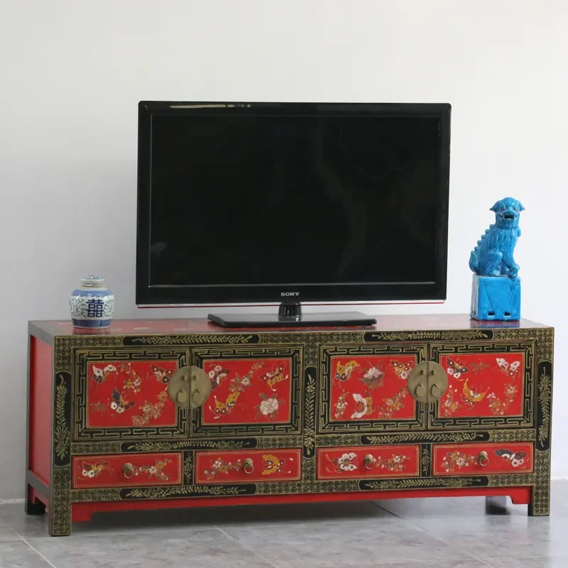 New Chinese Hand Painted TV Cabinet Old Retro Low Console Antique Shanghai Style Living Room Floor Storage Cabinet Chinese
