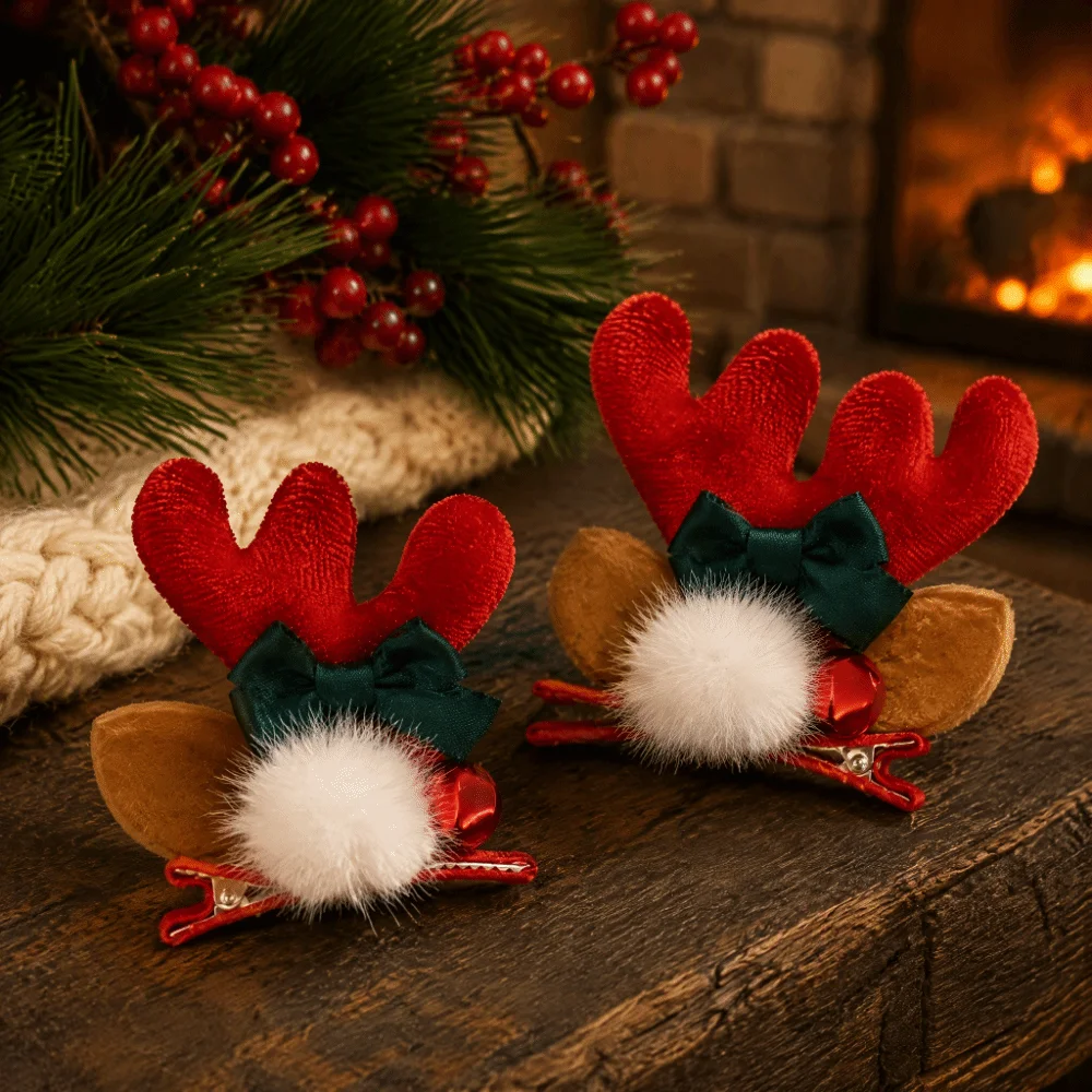 2pcs/set Red Plush Reindeer Antler Hair Clips with Bow Elk Horn Christmas Hair Accessory Cute Pom-pom Plush Hair Clips Holiday