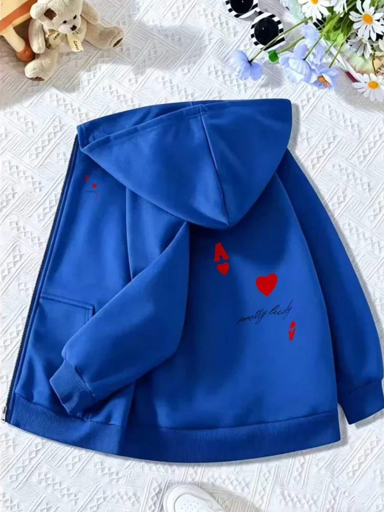 Casual Light Grey Zip Hoodie For Children Lovely Red Heart Ace And Pretty Lucky Text Design Long Sleeve Coat
