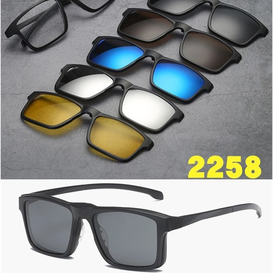 6 In 1 Spectacle Frame Men Women With 5 PCS Clip On Polarized Sunglasses Magnetic Glasses Male Computer Optical 2258