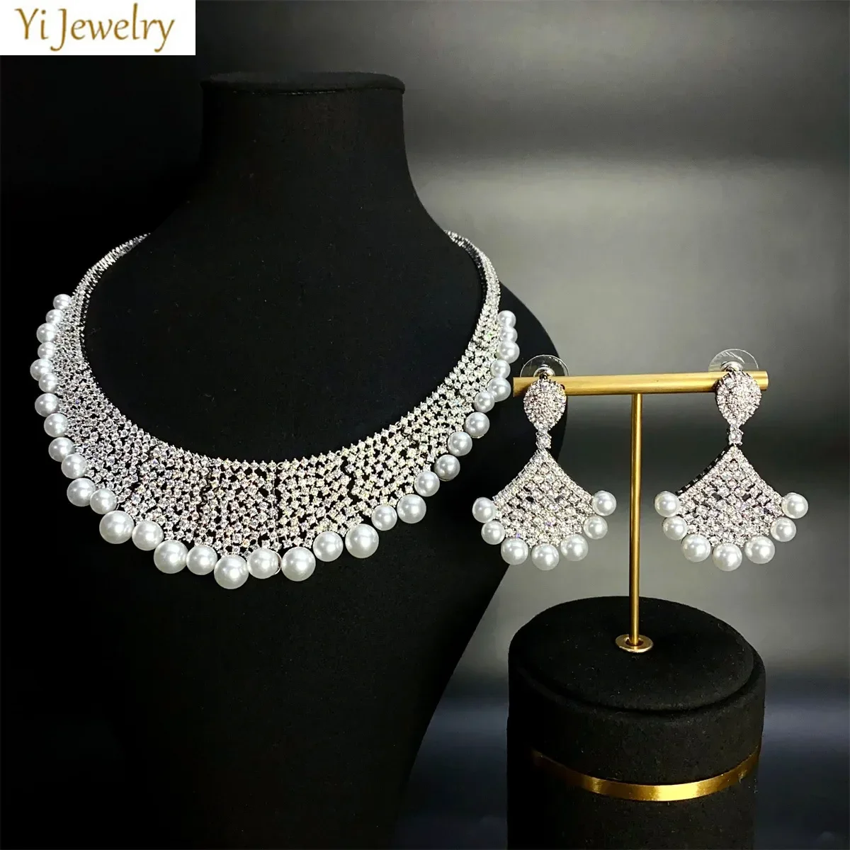 

Wedding Jewelry Set Necklace Earrings Bride White Pearl Fanshaped Drop Earrings Dinner Banquet Party Gown Accessories