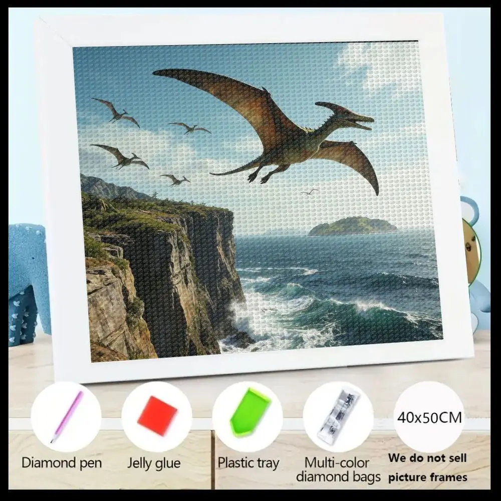 

Набор для алмазной вышивки 5D, сцена из доисторической эры с птерозаврами, прибрежный пейзаж, 40x50 см, включает алмазную ручку, клей-желе, T