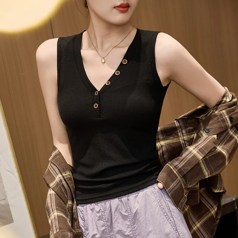 Gilet retrò con scollo a V per cinturino base snellente estivo senza maniche da donna