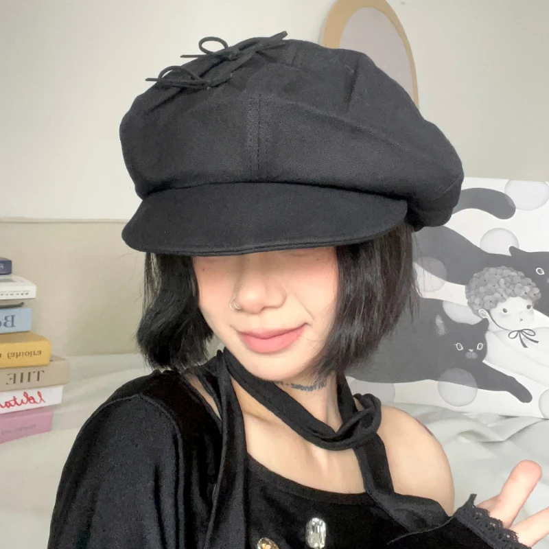 Korean Sweet Bow Design Berets for Women Show Face Small Spring Summer Travel Versatile Retro Literary Short Brim Octagonal Hat