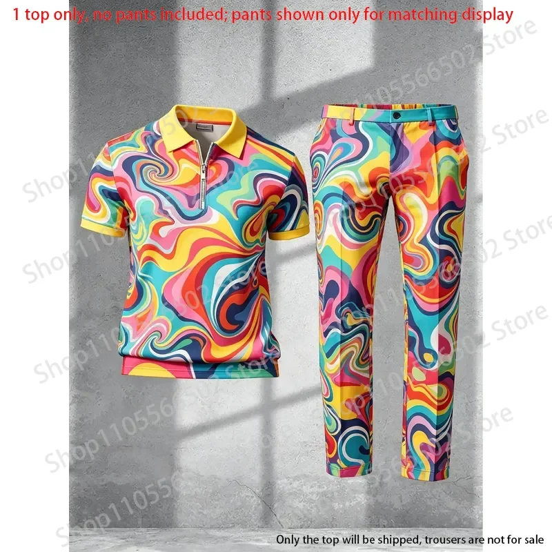 

1 top (without pants)-Men's half zip polo shirt,3D swirl fluid print,summer stylish casual men short sleeve tops